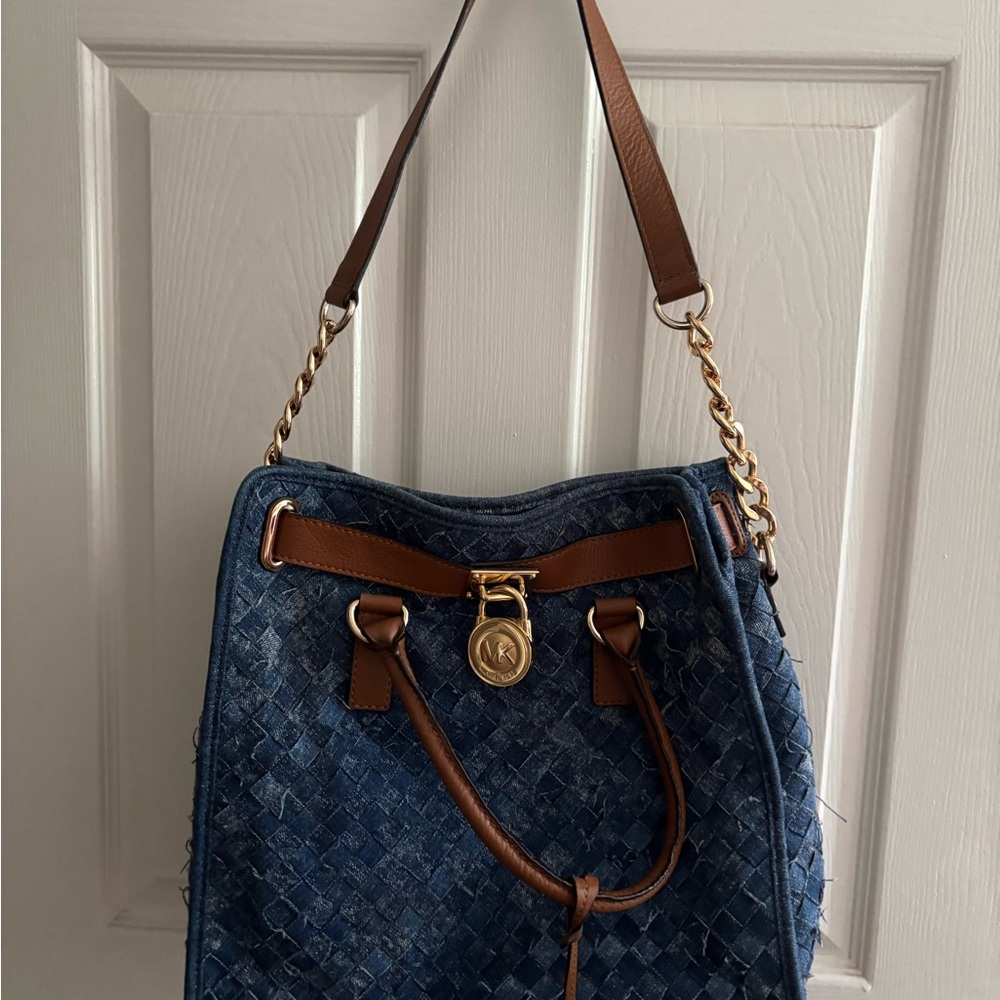 Michael Kors Blue and Brown Shoulder Bag with Gold-Tone Accents